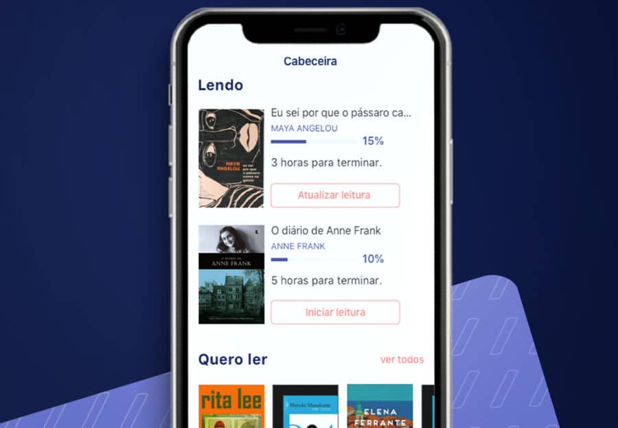 Imagem com um celular aberto no aplicativo Cabeceira e mostrando alguns livros